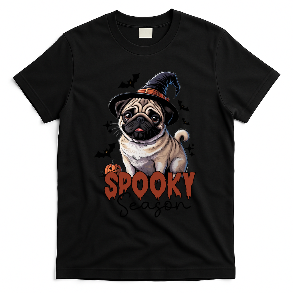 Spooky Season Cute Pug Halloween Graphic T-Shirt - Black