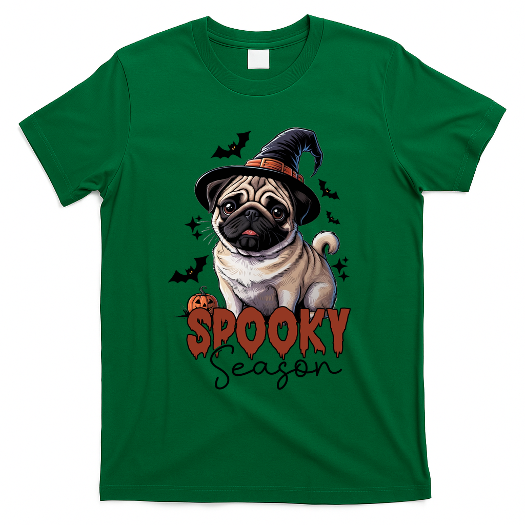 Spooky Season Cute Pug Halloween Graphic T-Shirt - Green