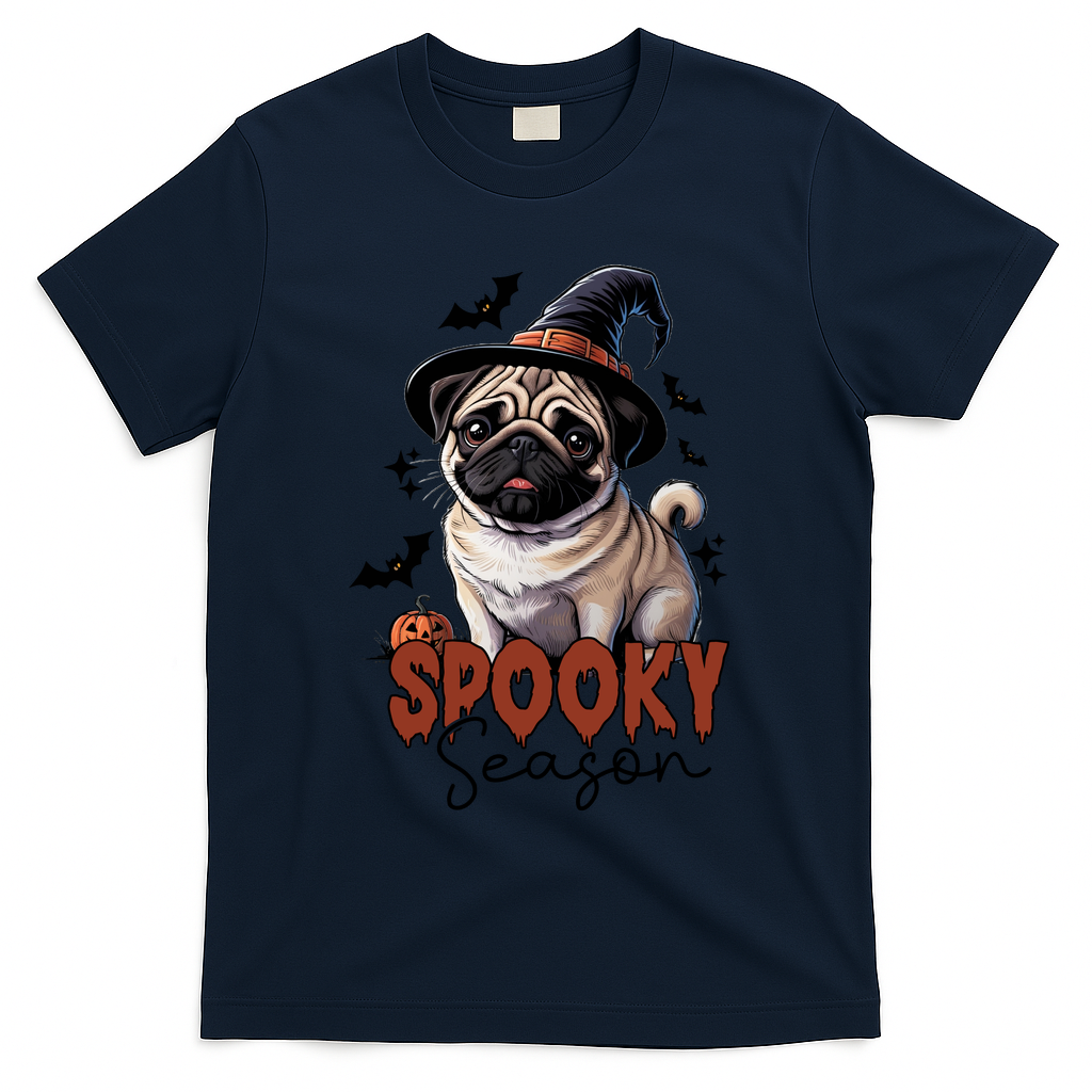 Spooky Season Cute Pug Halloween Graphic T-Shirt - Navy
