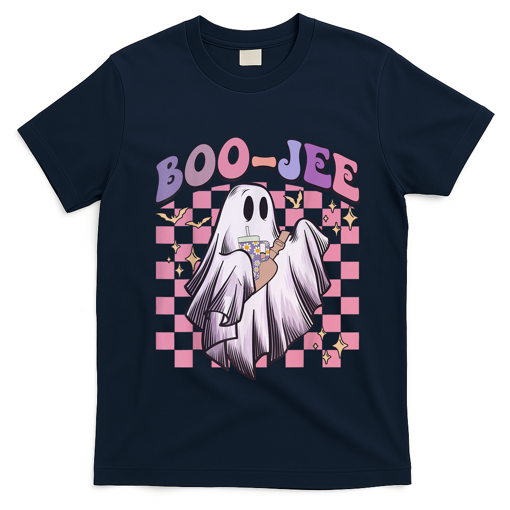 Spooky Season Cute Groovy Ghost Halloween Costume Boo Jee T-Shirt - Navy Blue