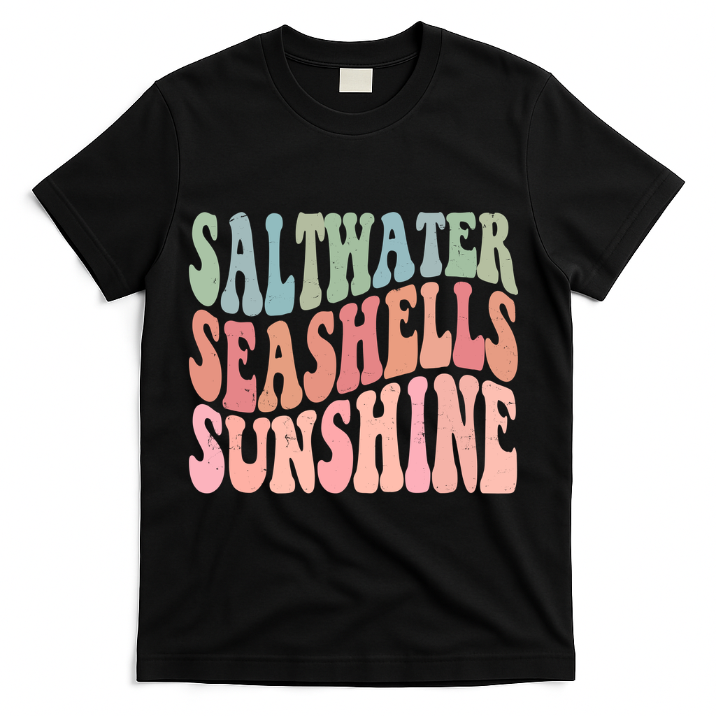 Saltwater Seashells Sunshine Retro Groovy Summer T-Shirt - Black
