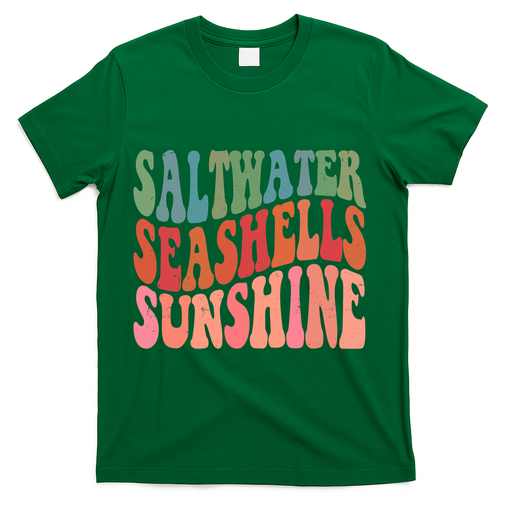 Saltwater Seashells Sunshine Retro Groovy Summer T-Shirt - Green