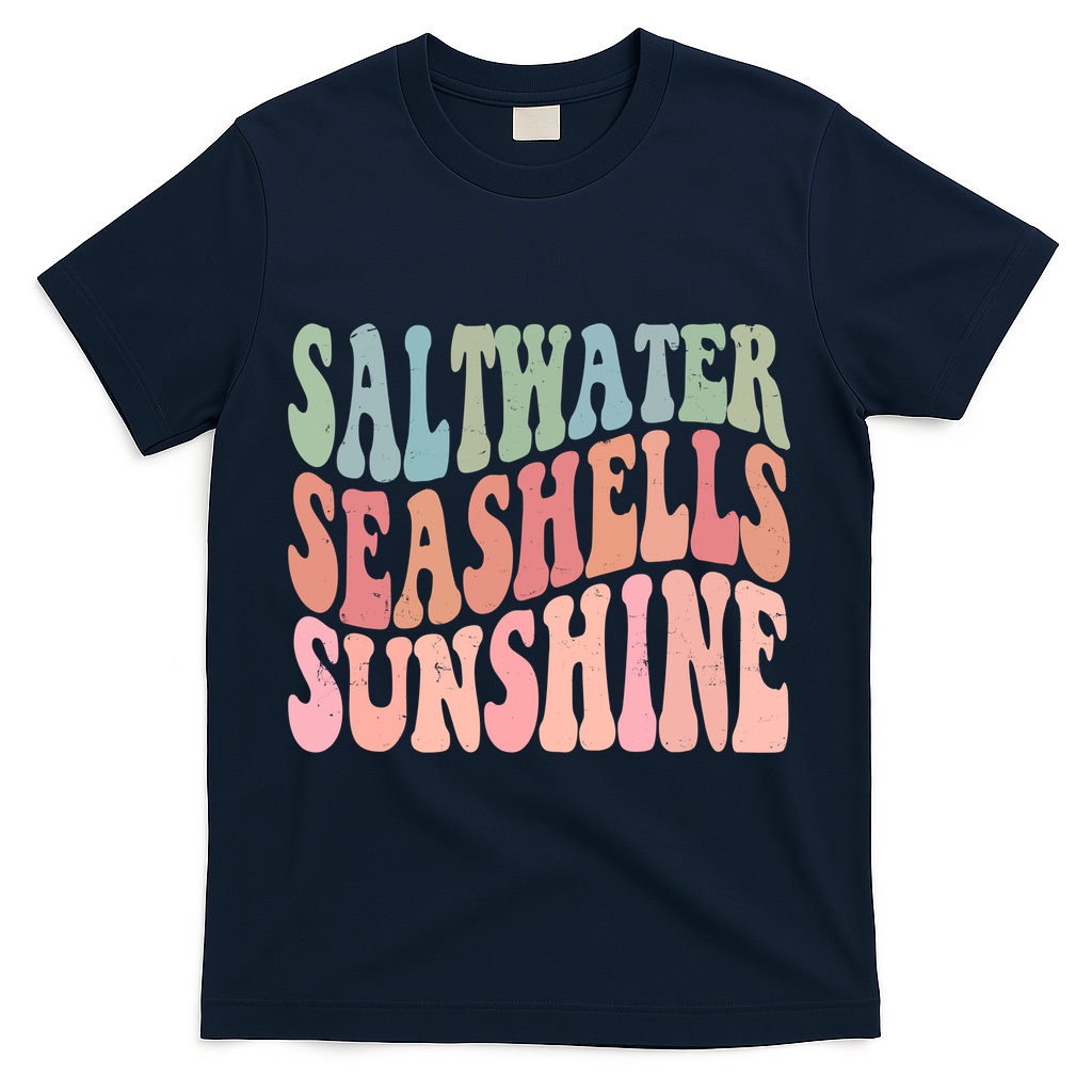 Saltwater Seashells Sunshine Retro Groovy Summer T-Shirt - Navy