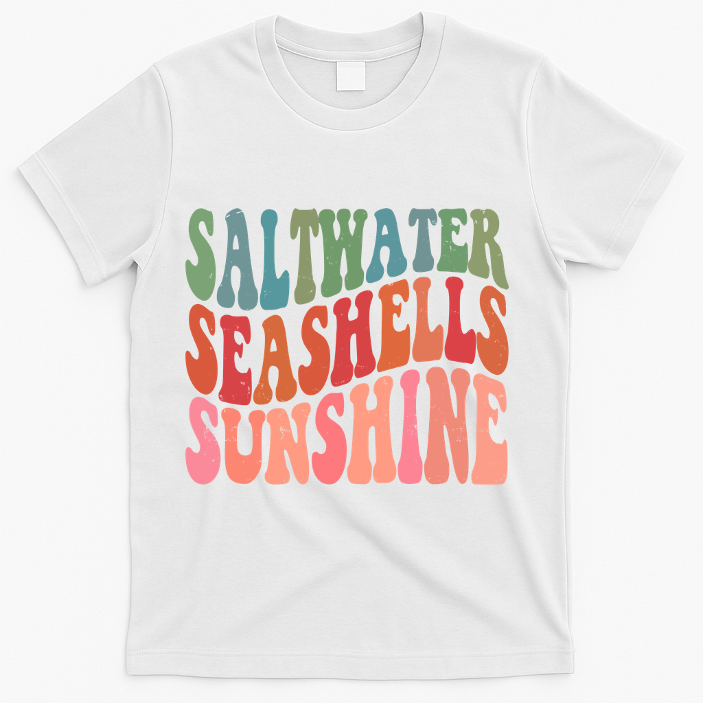 Saltwater Seashells Sunshine Retro Groovy Summer T-Shirt - White