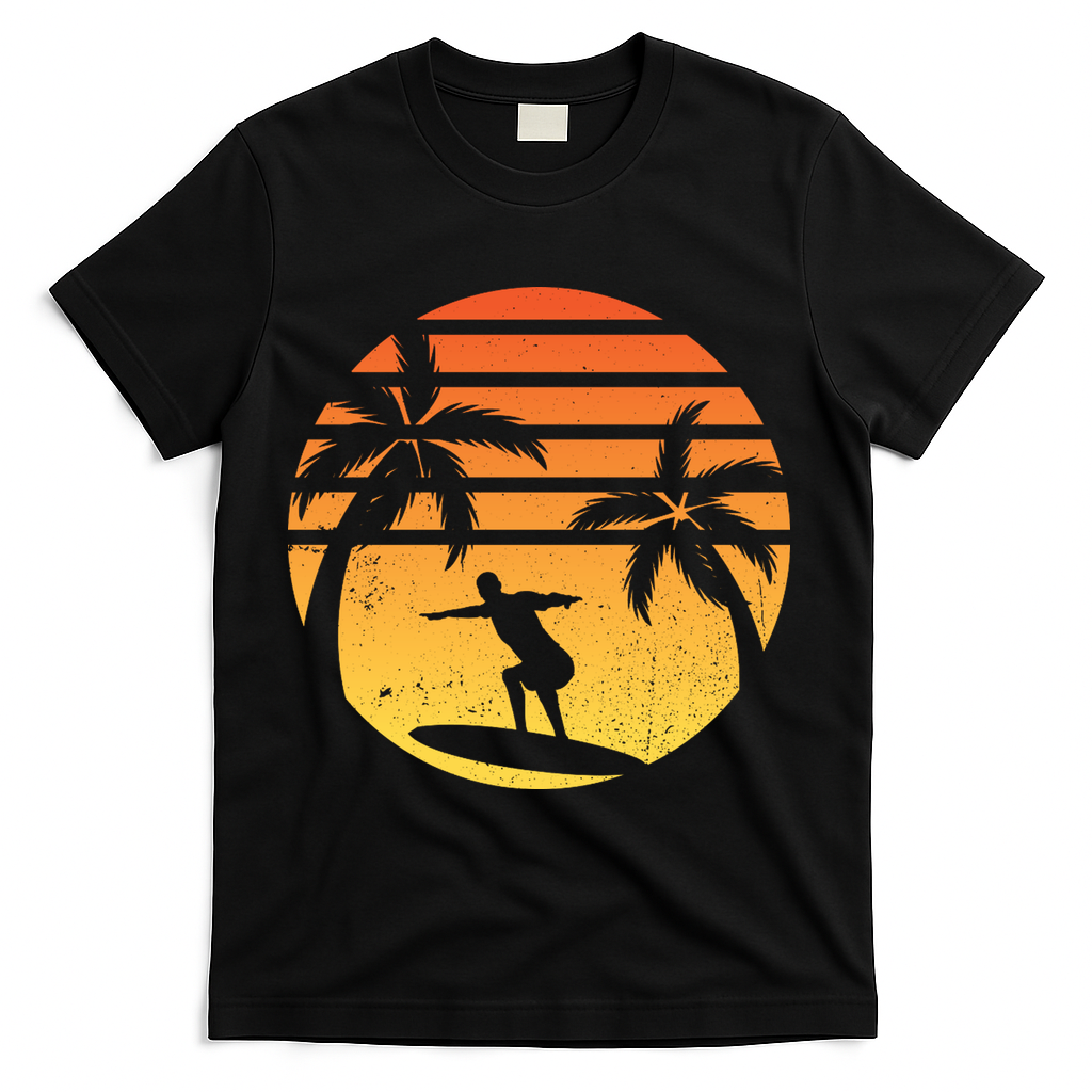 Summer Surf Sunset Retro T-Shirt - Black