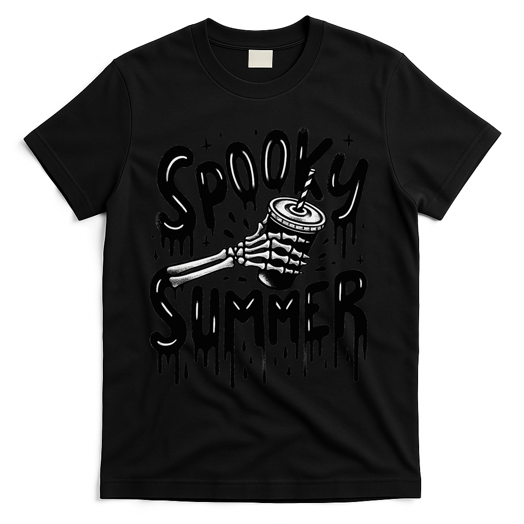 Summerween Spooky Summer Skeleton With Iced Coffee T-Shirt - Black