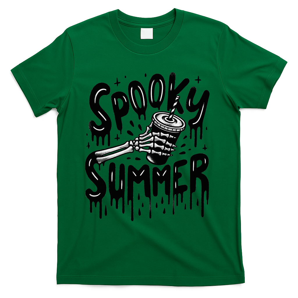 Summerween Spooky Summer Skeleton With Iced Coffee T-Shirt - Green