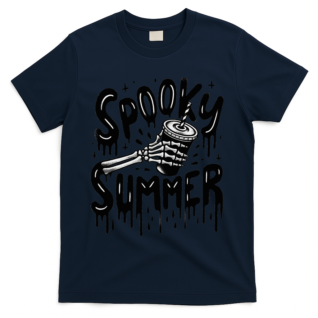 Summerween Spooky Summer Skeleton With Iced Coffee T-Shirt - Navy