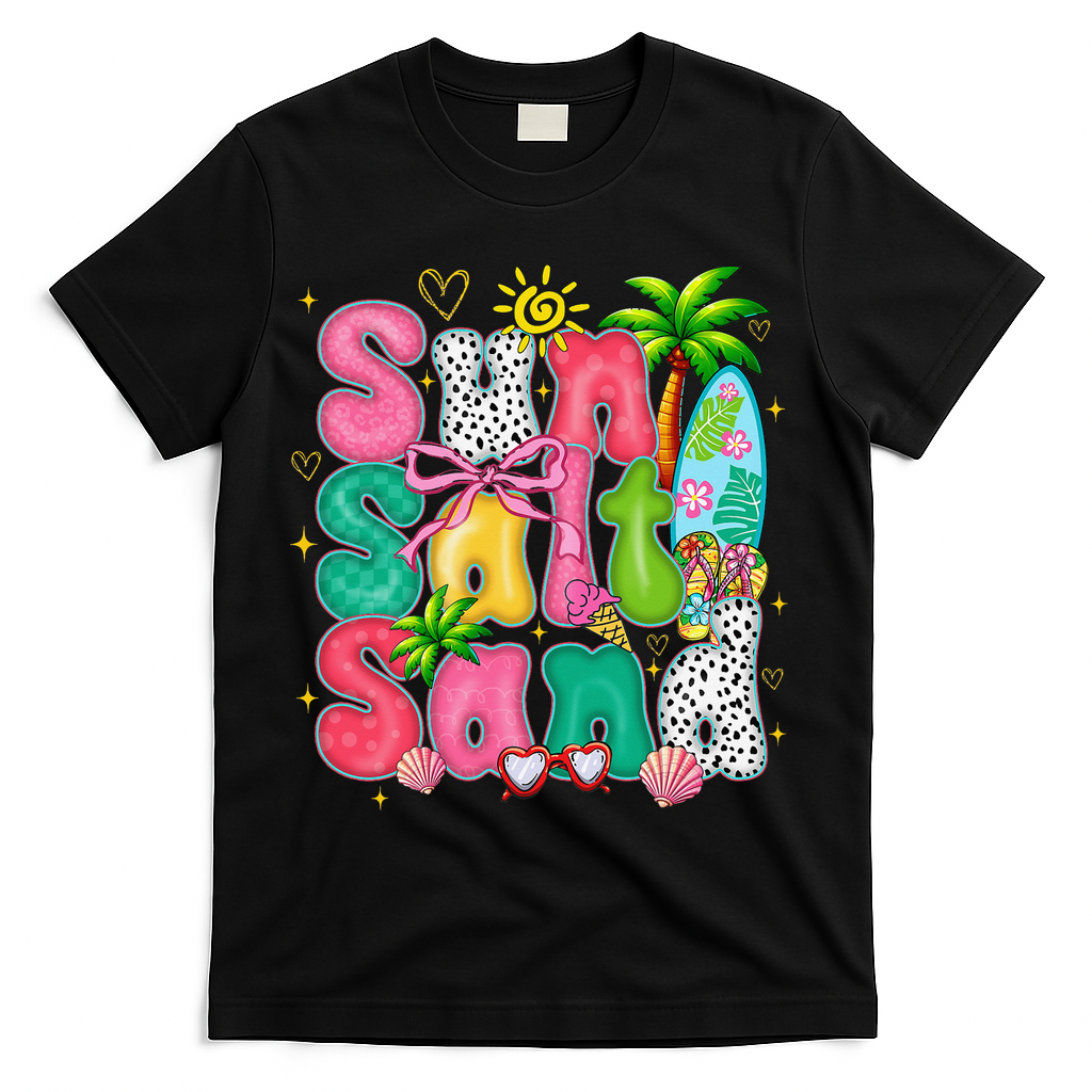 Sun Salt Sand Coquette Bow Palm Summer Vibes Beach Trip T-Shirt - Black