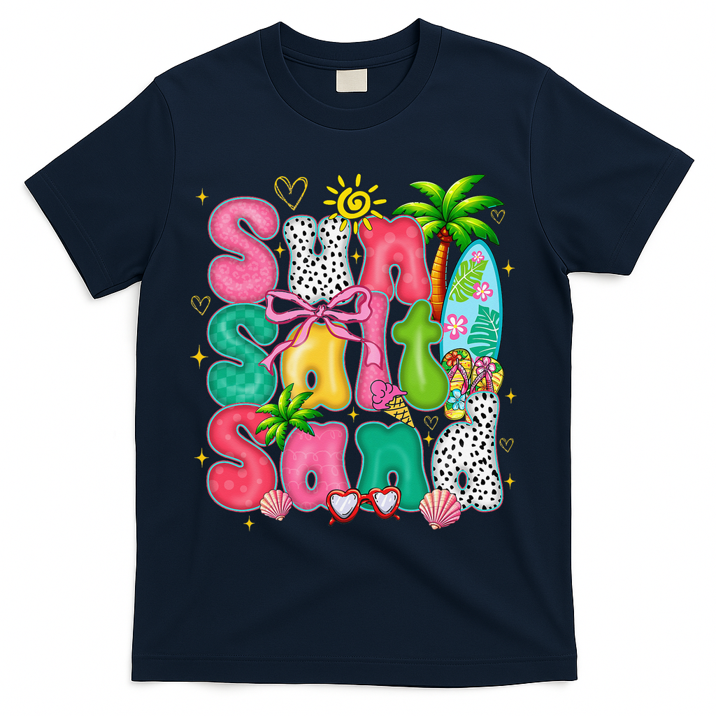Sun Salt Sand Coquette Bow Palm Summer Vibes Beach Trip T-Shirt - Navy