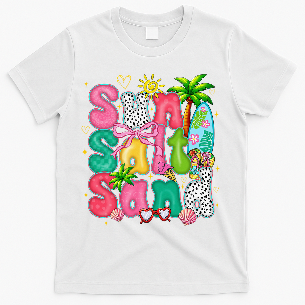 Sun Salt Sand Coquette Bow Palm Summer Vibes Beach Trip T-Shirt - White