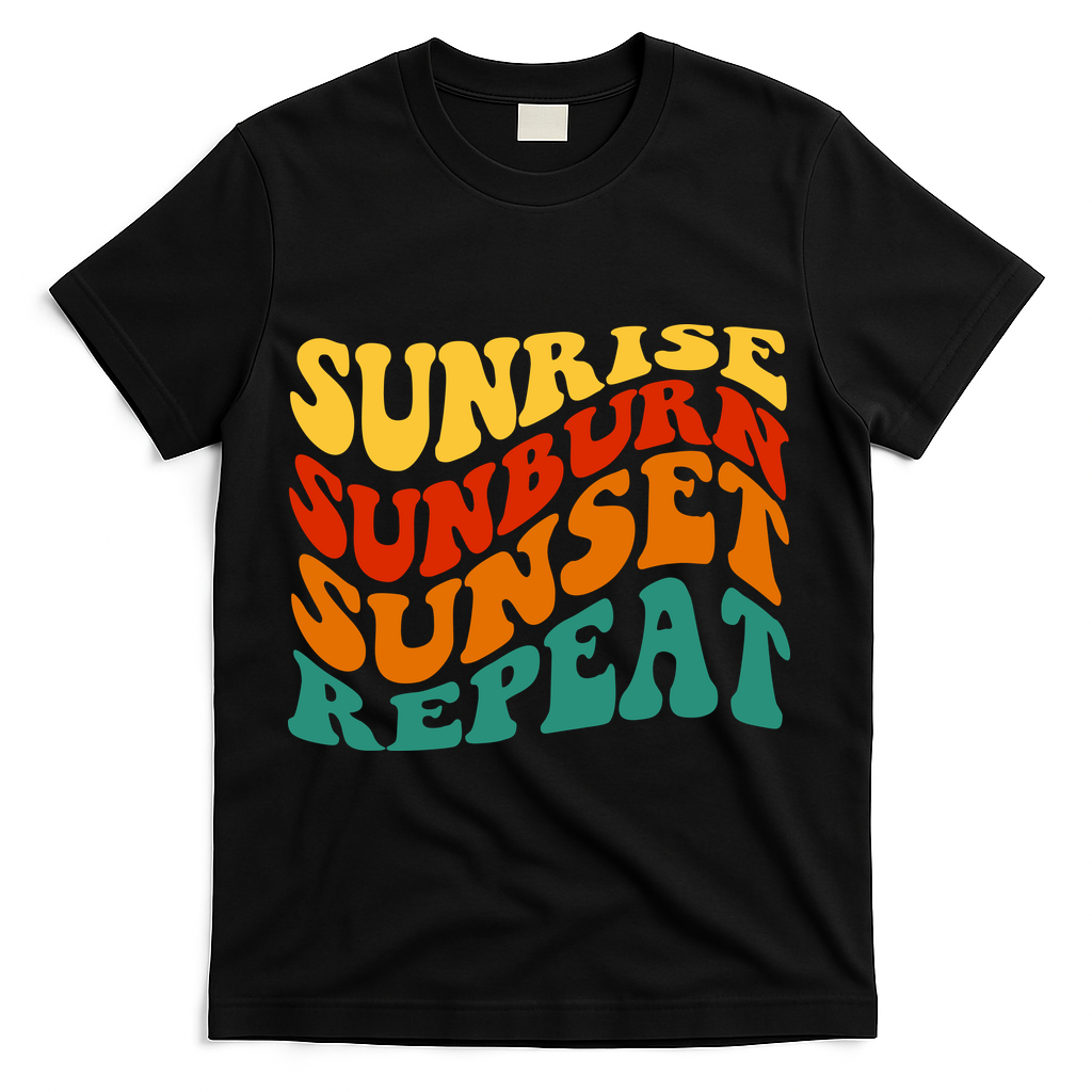 Sunrise Sunburn Sunset Repeat Retro Summer T-Shirt - Black
