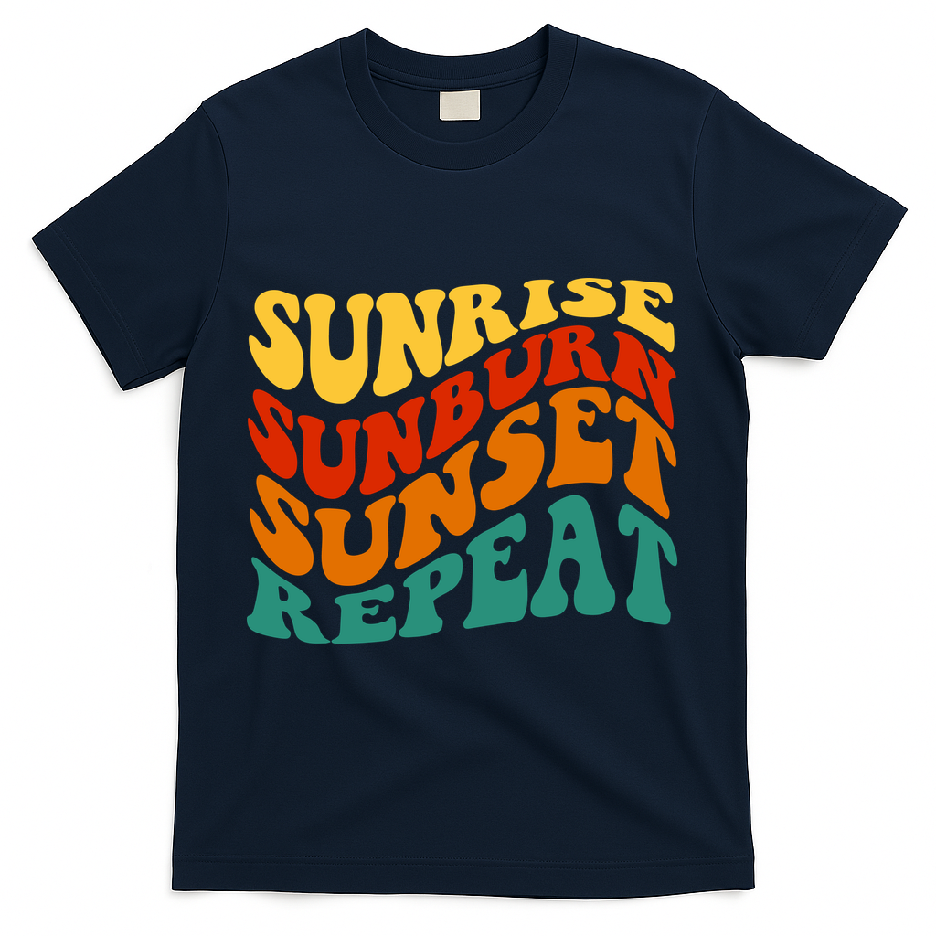 Sunrise Sunburn Sunset Repeat Retro Summer T-Shirt - Navy