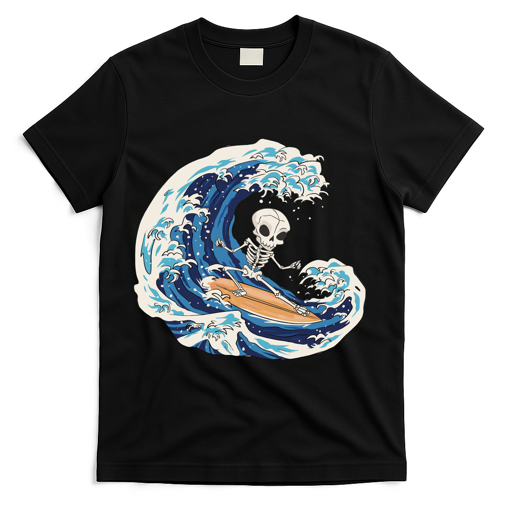 Skeleton Surfing Summer Surfer T-Shirt - Black
