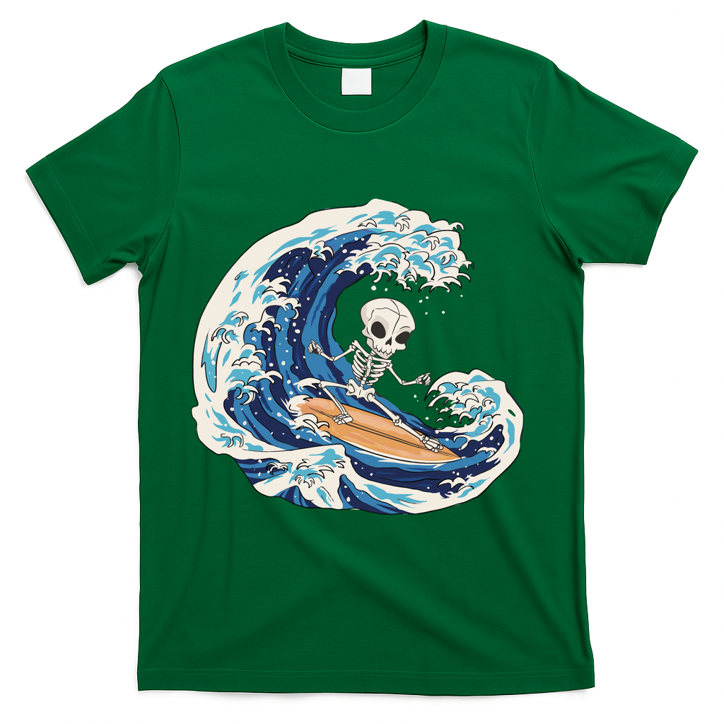 Skeleton Surfing Summer Surfer T-Shirt - Green