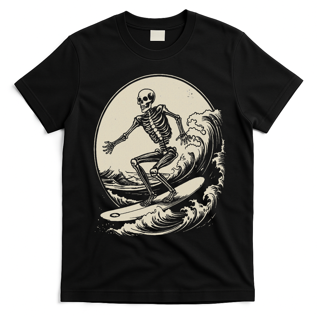 Skeleton Surfer Vintage Big Wave Surfing Funny Halloween T-Shirt - Black