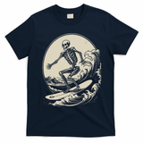 Skeleton Surfer Vintage Big Wave Surfing Funny Halloween T-Shirt - Navy Blue