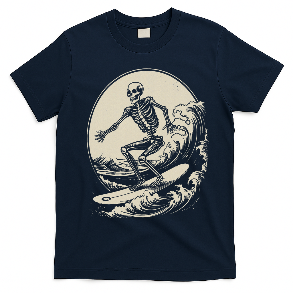 Skeleton Surfer Vintage Big Wave Surfing Funny Halloween T-Shirt - Navy Blue
