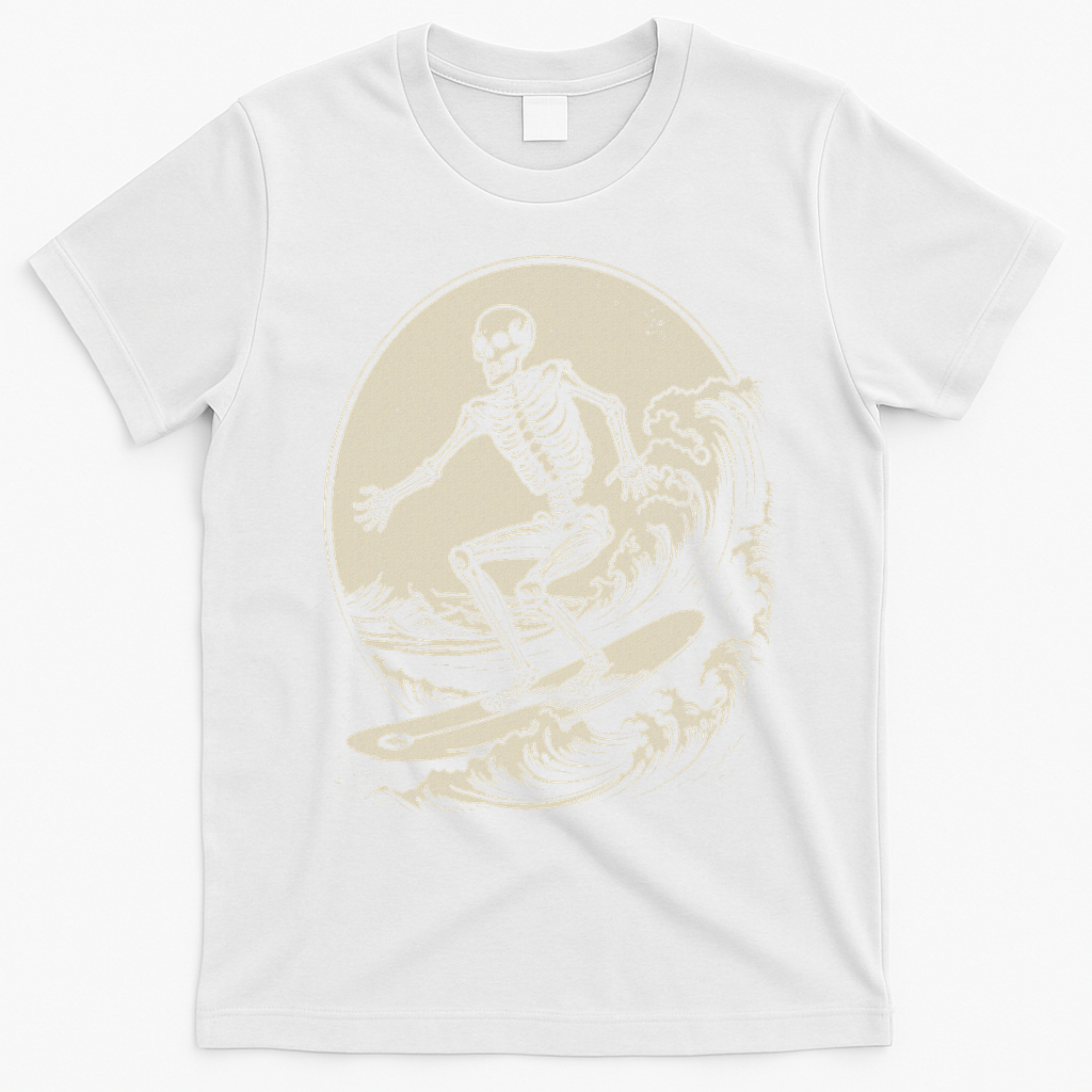 Skeleton Surfer Vintage Big Wave Surfing Funny Halloween T-Shirt - White