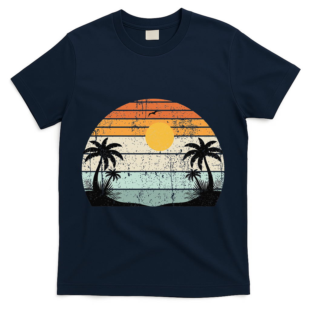 Sunshine Summer Vibes Palm Trees Beach Retro Tropical Summer T-Shirt - Navy