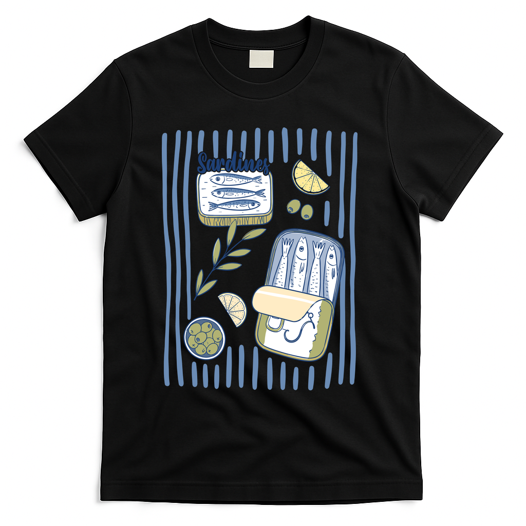 Sardines Tin Coastal Mediterranean Seafood T-Shirt - Black
