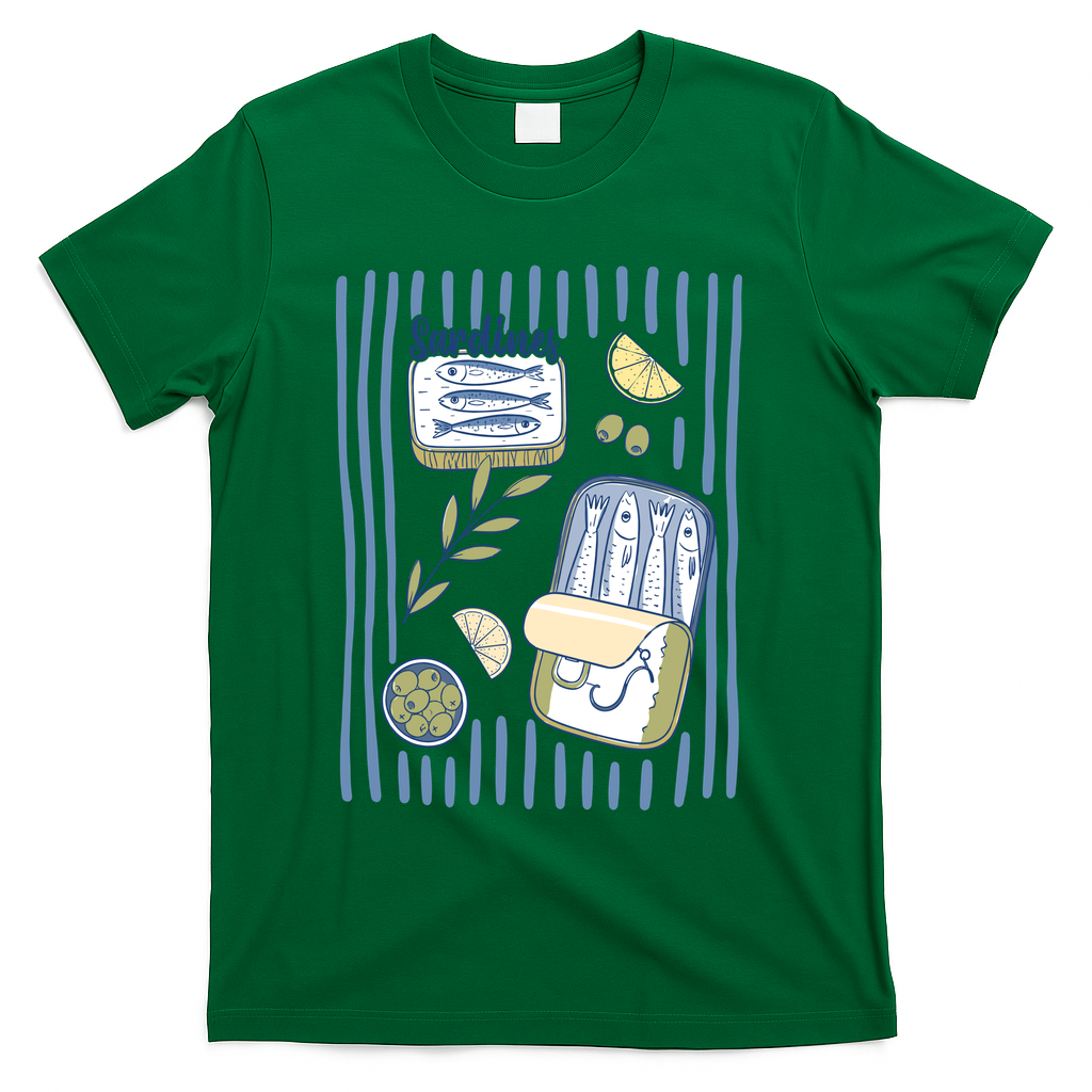 Sardines Tin Coastal Mediterranean Seafood T-Shirt - Green