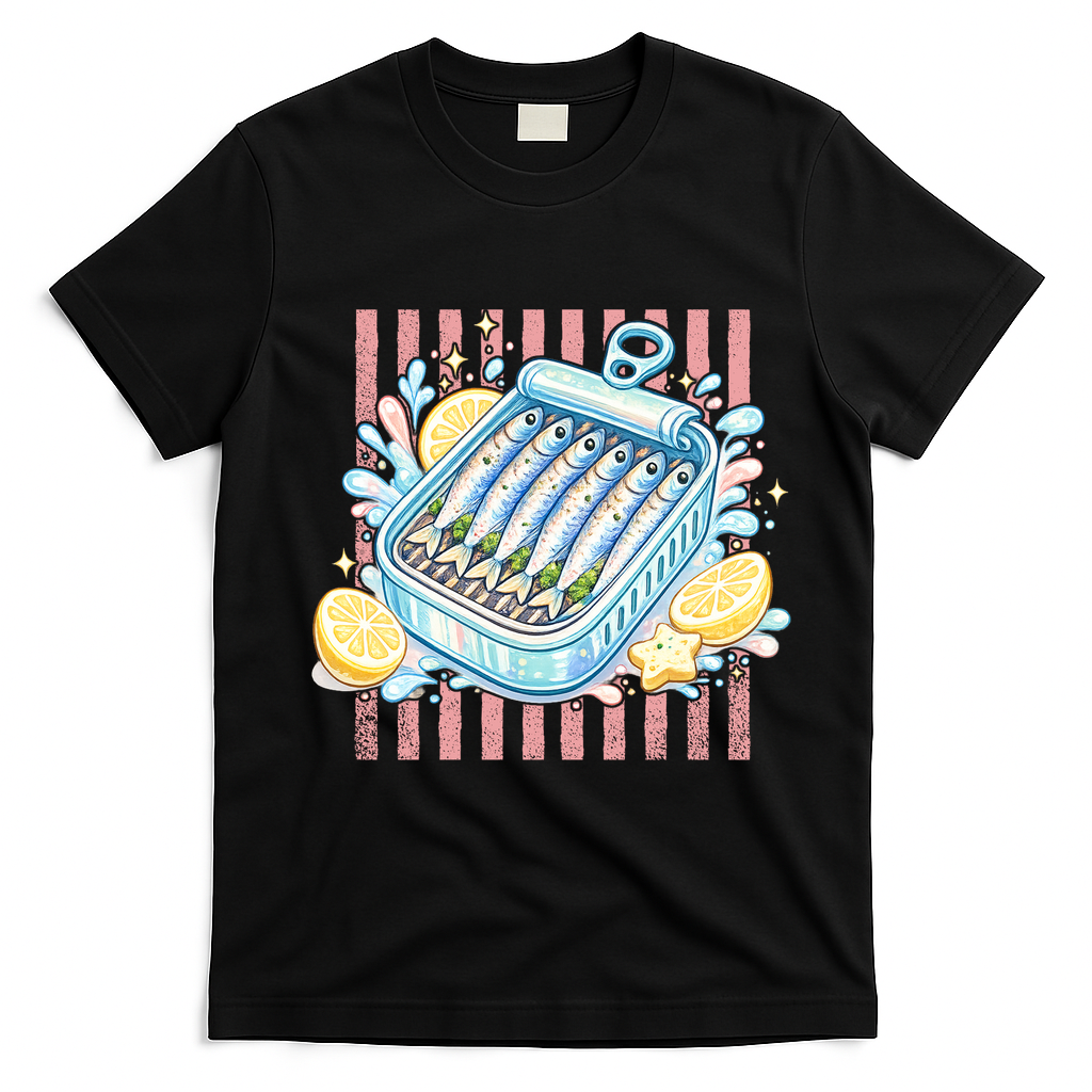 Sardines Tinned Fish Retro Striped Kawaki Anime T-Shirt - Black