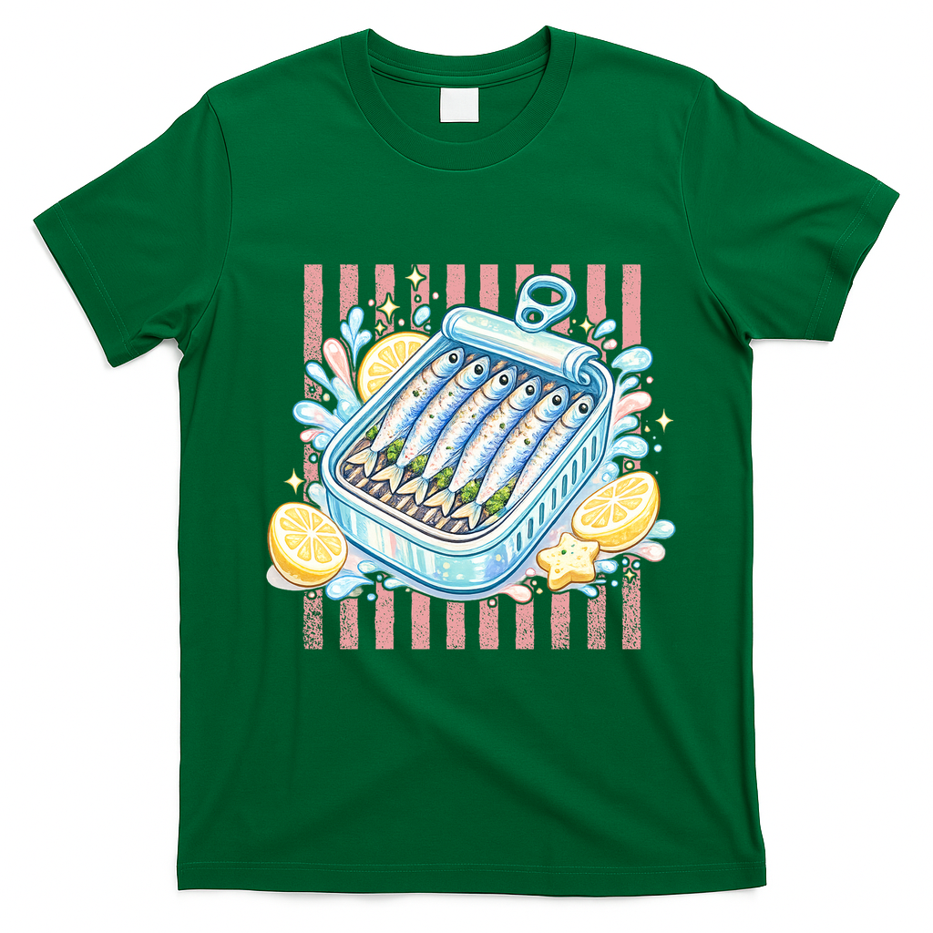 Sardines Tinned Fish Retro Striped Kawaki Anime T-Shirt - Irish Green