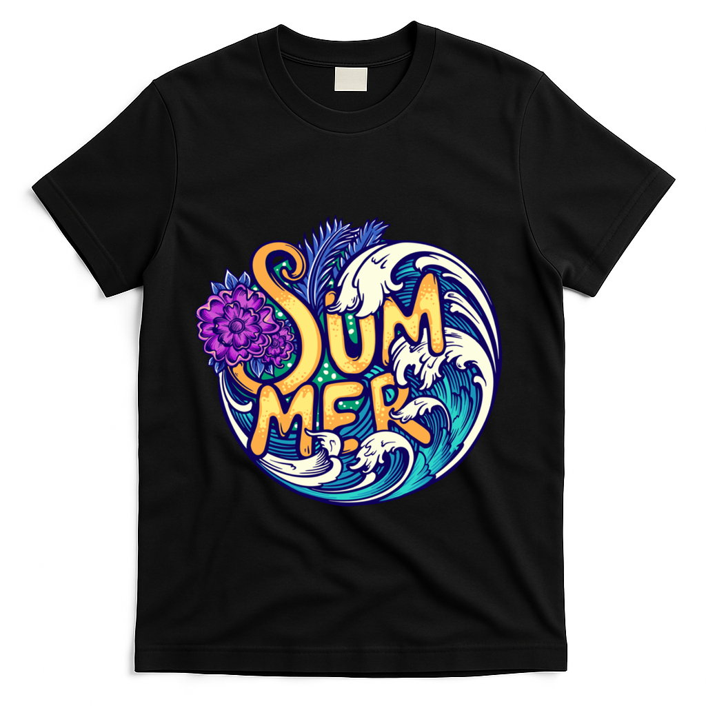 Summer Tropical Ocean Wave T-Shirt - Black