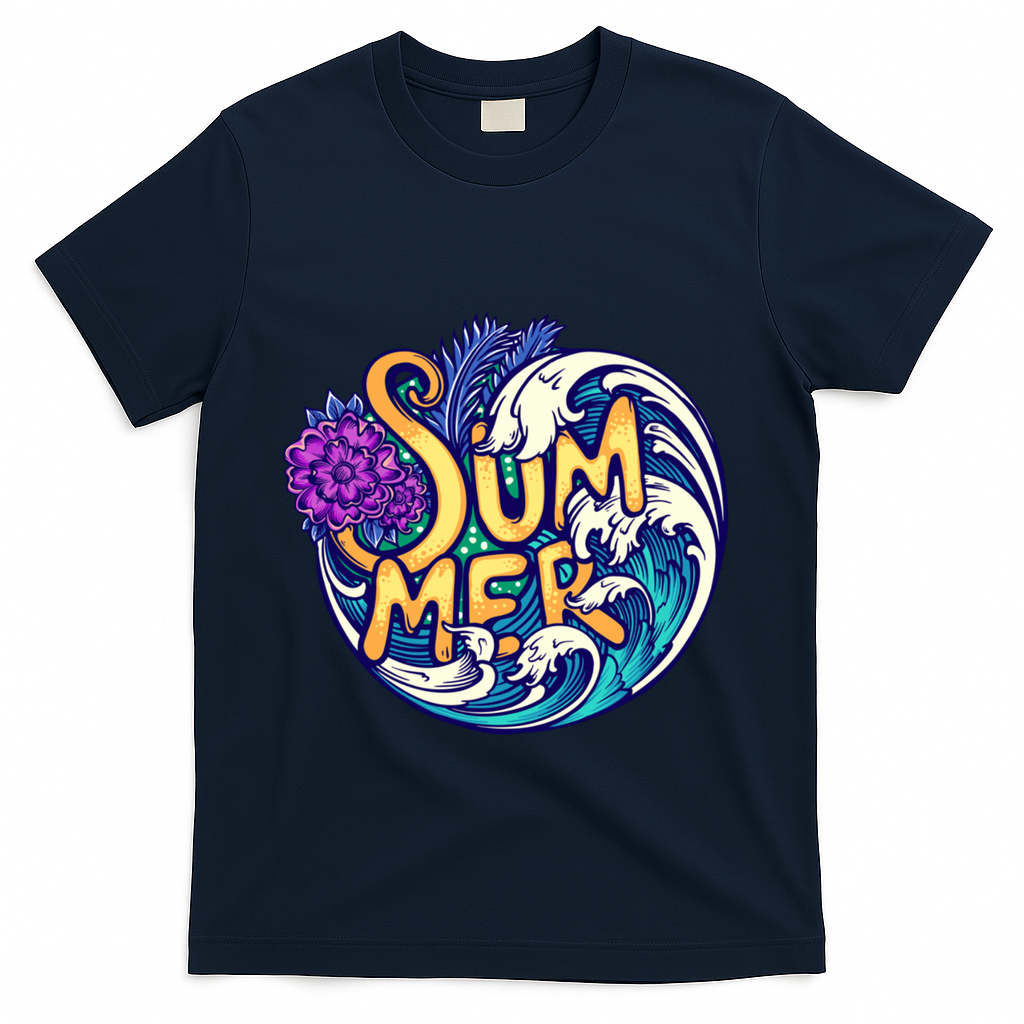 Summer Tropical Ocean Wave T-Shirt - Navy