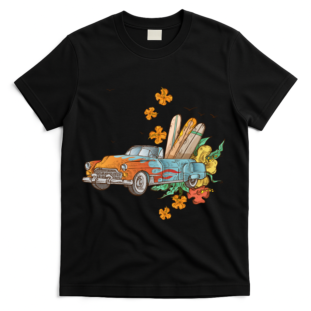 Surfing Tropical Summer Retro Truck T-Shirt - Black