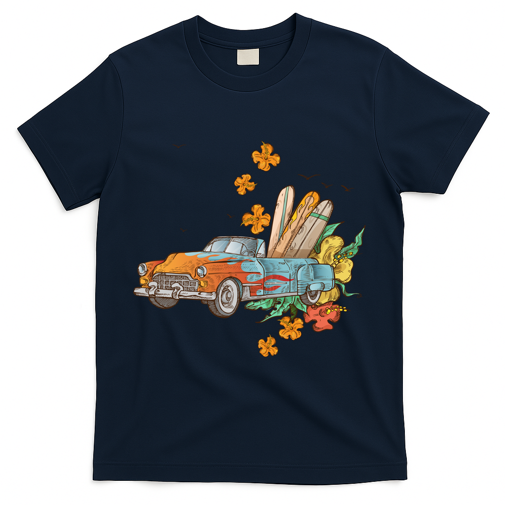 Surfing Tropical Summer Retro Truck T-Shirt - Navy