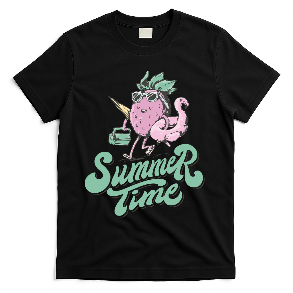 Summer Time Strawberry Retro Beach T-Shirt - Black