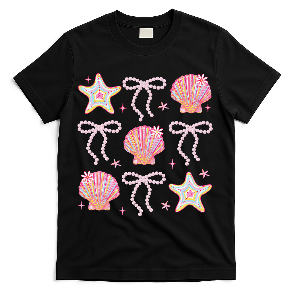 Summer Vibe Coquette Bow Pearl Clam Starfish Cotton Candy T-Shirt - Black