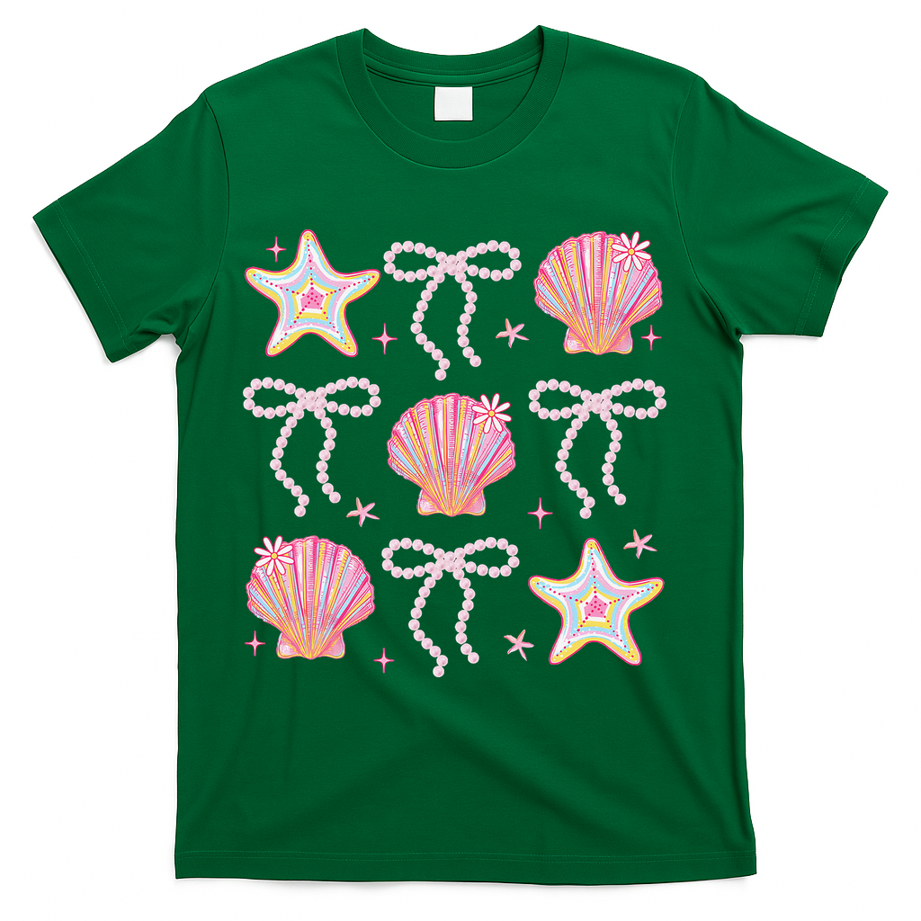 Summer Vibe Coquette Bow Pearl Clam Starfish Cotton Candy T-Shirt - Green