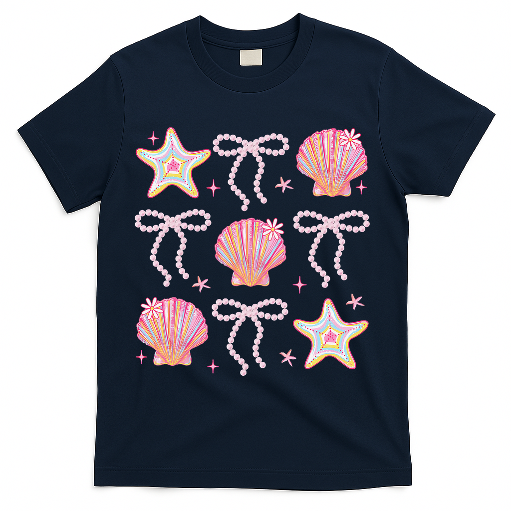 Summer Vibe Coquette Bow Pearl Clam Starfish Cotton Candy T-Shirt - Navy