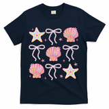 Summer Vibe Coquette Bow Pearl Clam Starfish Cotton Candy T-Shirt - Navy