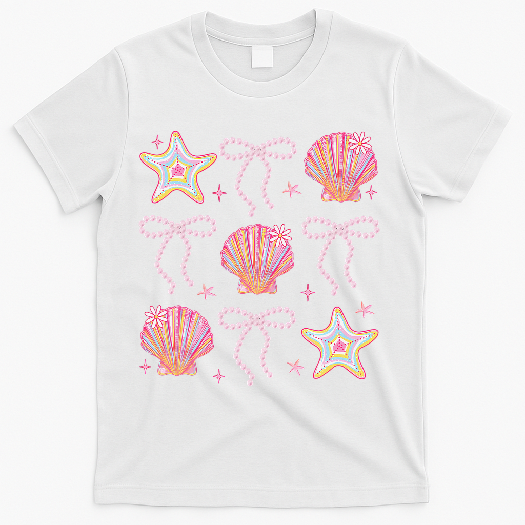 Summer Vibe Coquette Bow Pearl Clam Starfish Cotton Candy T-Shirt - White