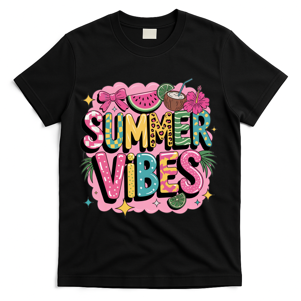 Summer Vibes Couqette Bow Melon T-Shirt - Black