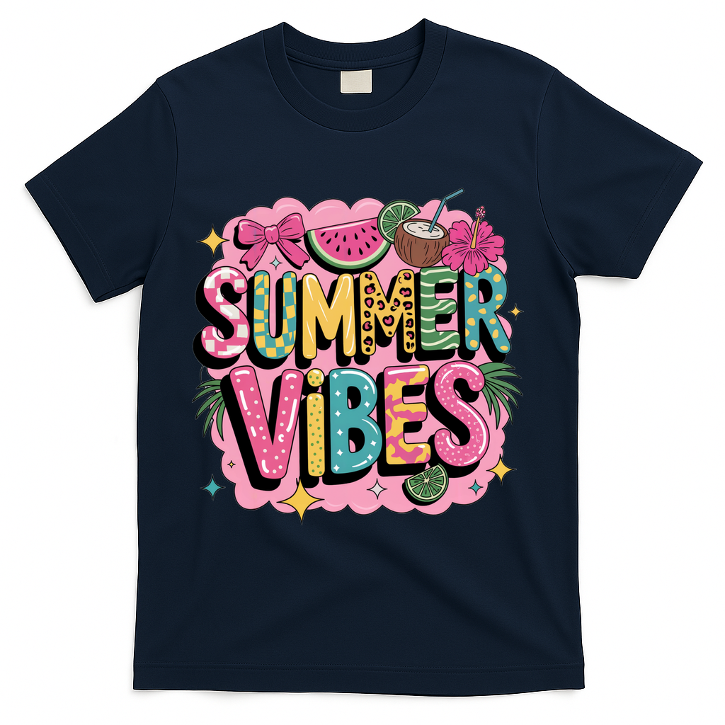 Summer Vibes Couqette Bow Melon T-Shirt - Navy