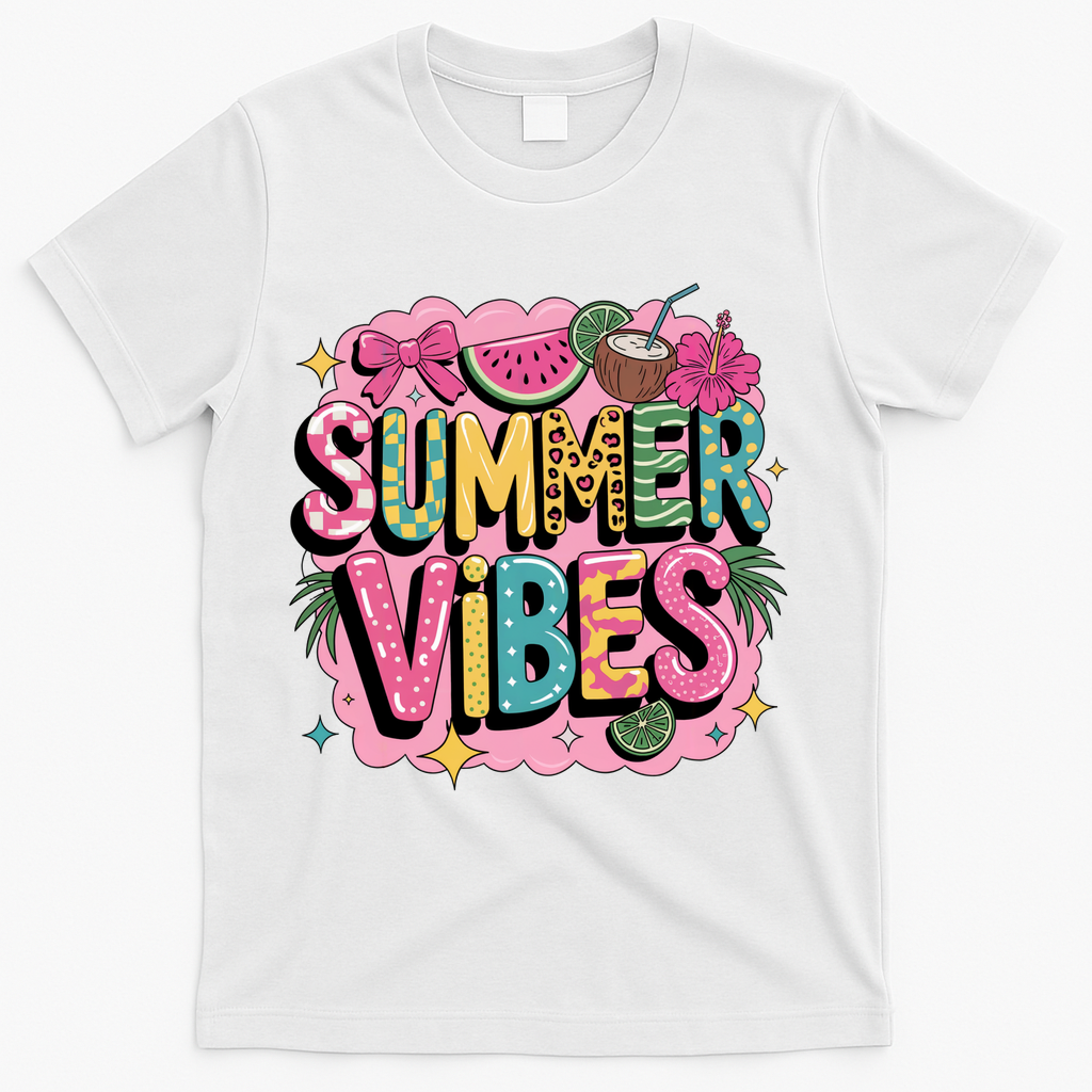 Summer Vibes Couqette Bow Melon T-Shirt - White