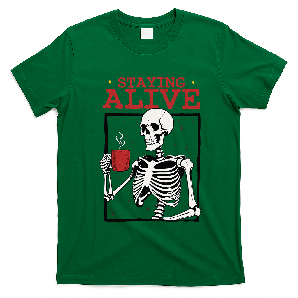 Spooky Vibe Coffee Skeleton Halloween Staying Alive Meme T-Shirt - Irish Green