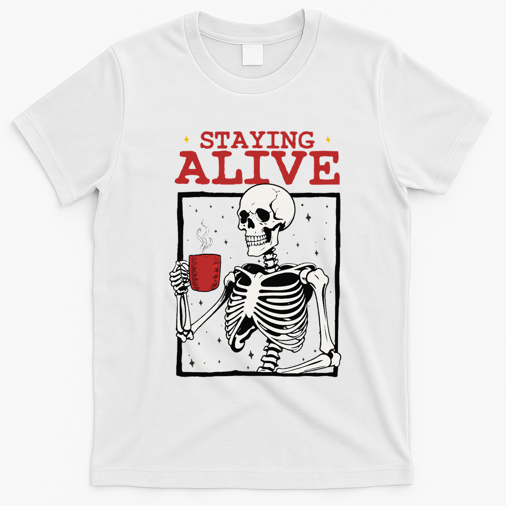 Spooky Vibe Coffee Skeleton Halloween Staying Alive Meme T-Shirt - White
