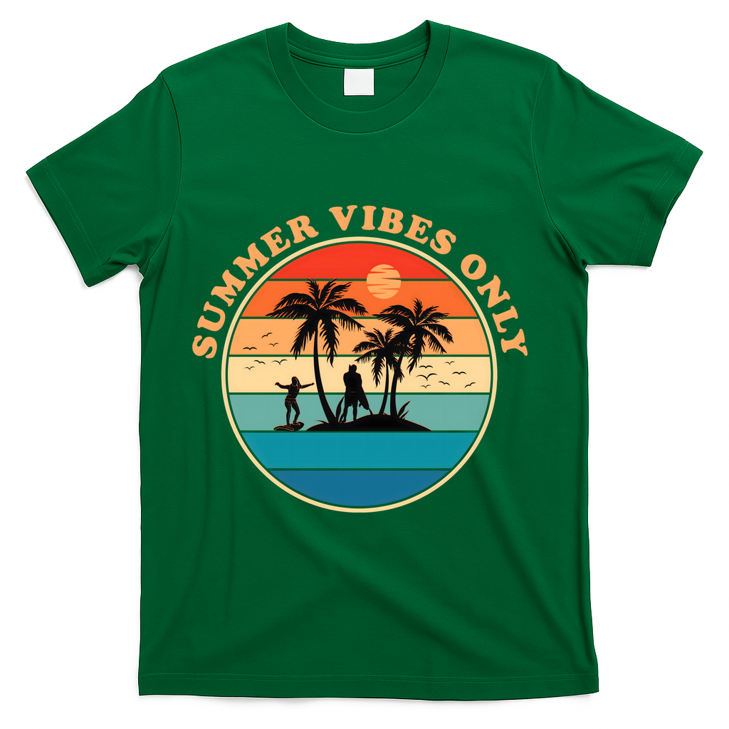 Summer Vibes Only Retro Beach Sunset T-Shirt - Green