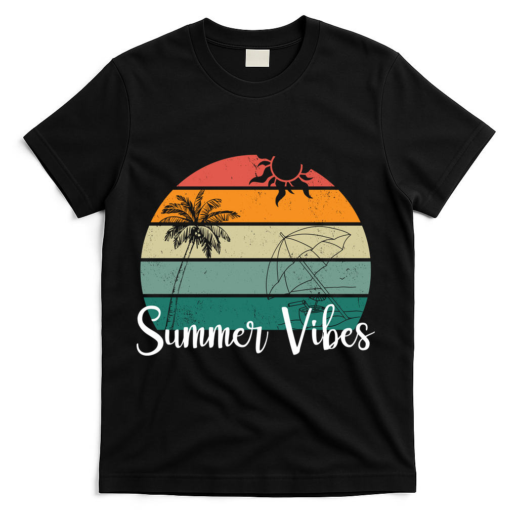 Summer Vibes Palm Trees Retro Sunset T-Shirt - Black