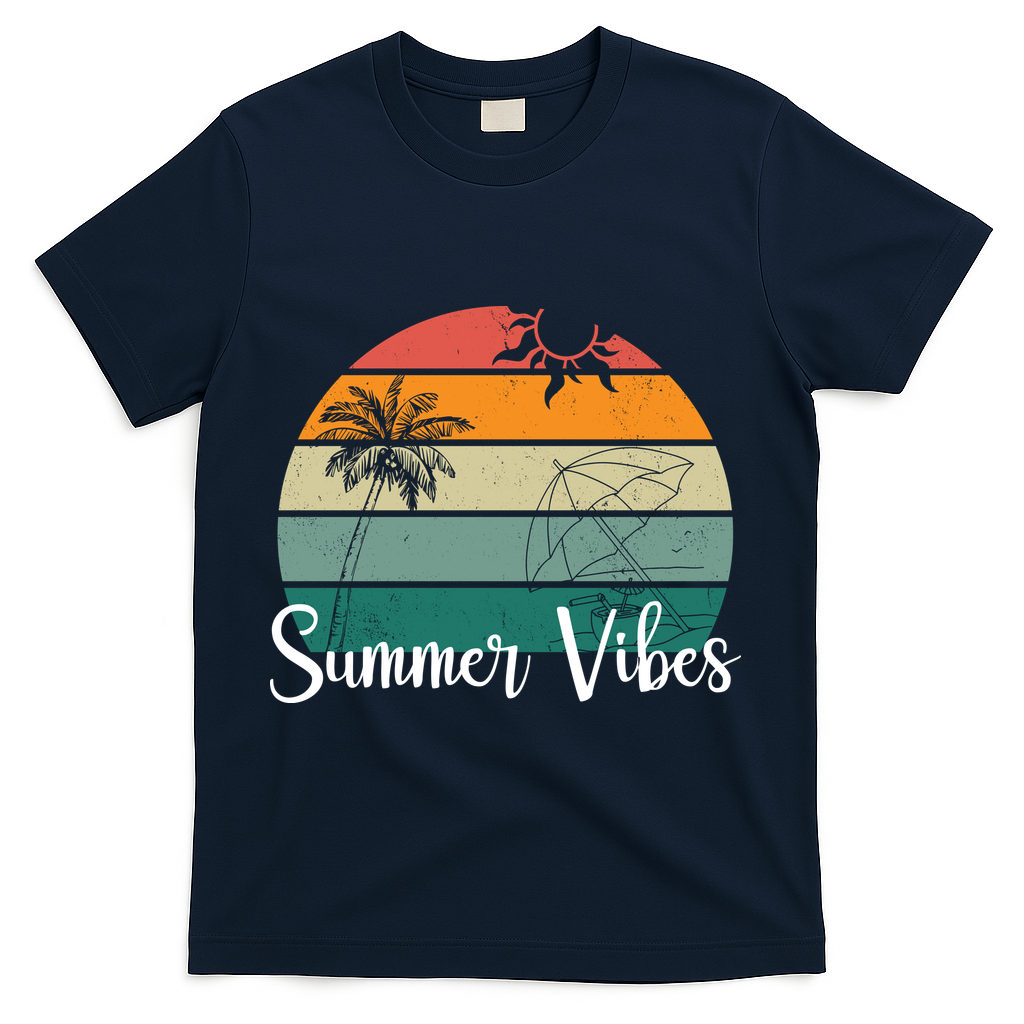Summer Vibes Palm Trees Retro Sunset T-Shirt - Navy