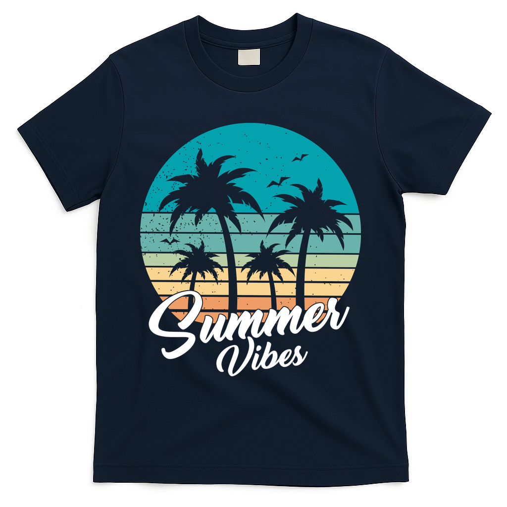 Summer Vibes Retro Sunset Vintage Palm Tree T-Shirt - Navy