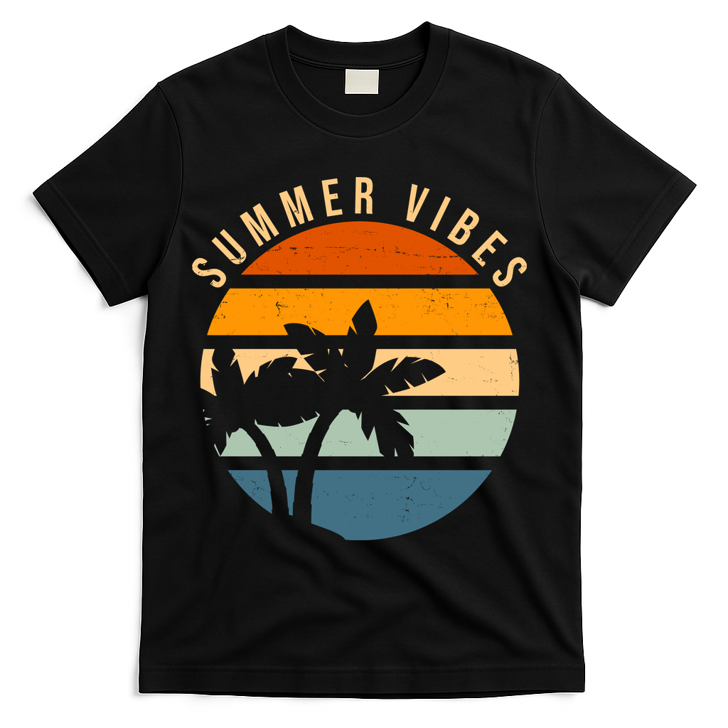 Summer Vibes Retro Sunset Tropical T-Shirt - Black