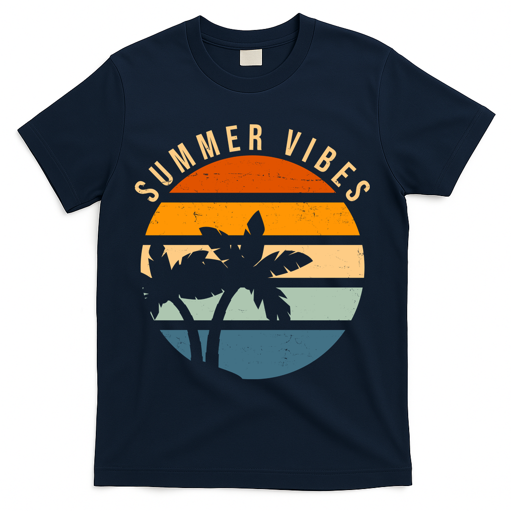 Summer Vibes Retro Sunset Tropical T-Shirt - Navy