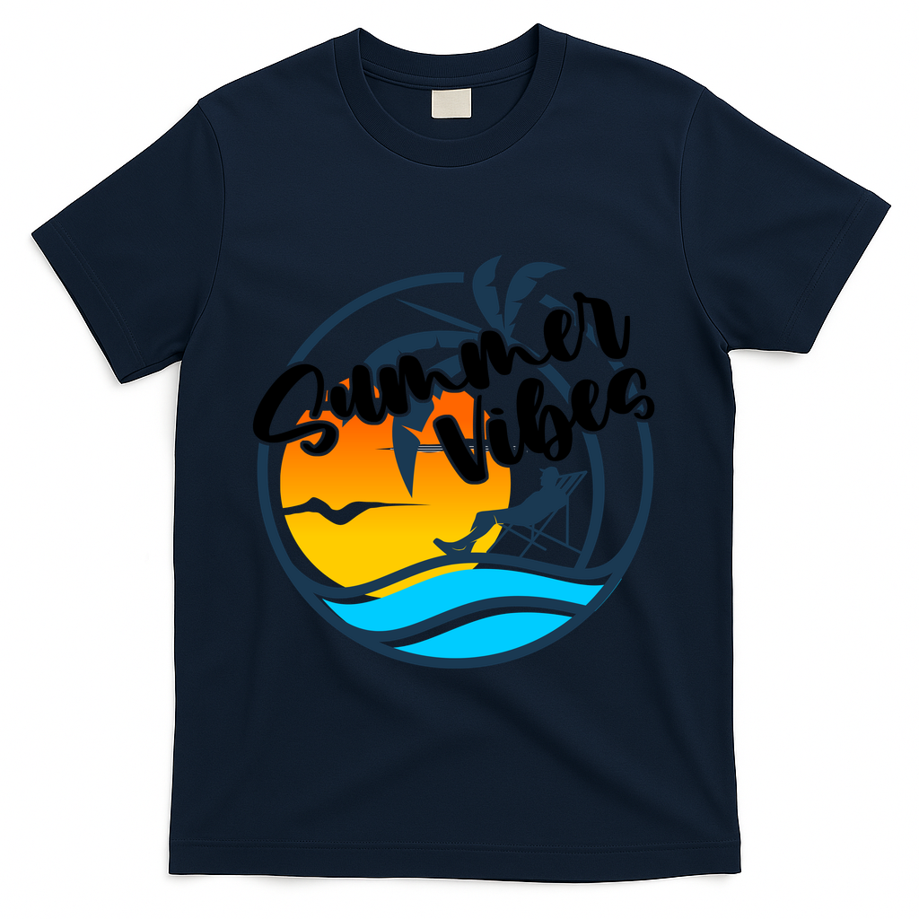Summer Vibes Sunset Beach Tropical T-Shirt - Navy